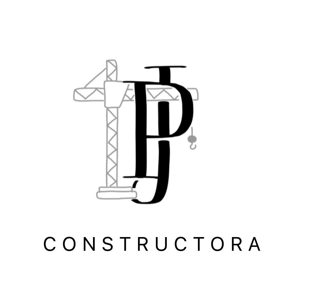 Logo de una constructora con grúa y letras estilizadas 'P J'.